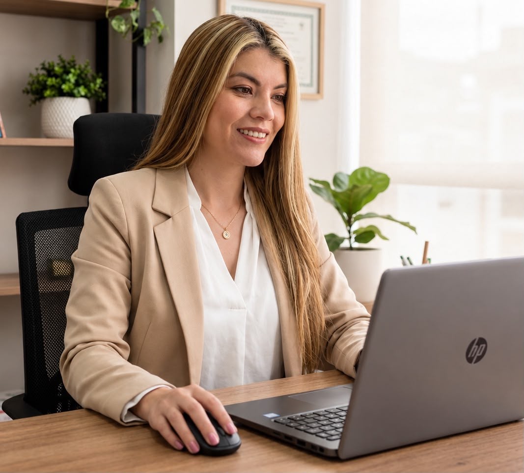 Andrea Murillo sonriendo en su consultorio, con blazer beige frente a un portátil