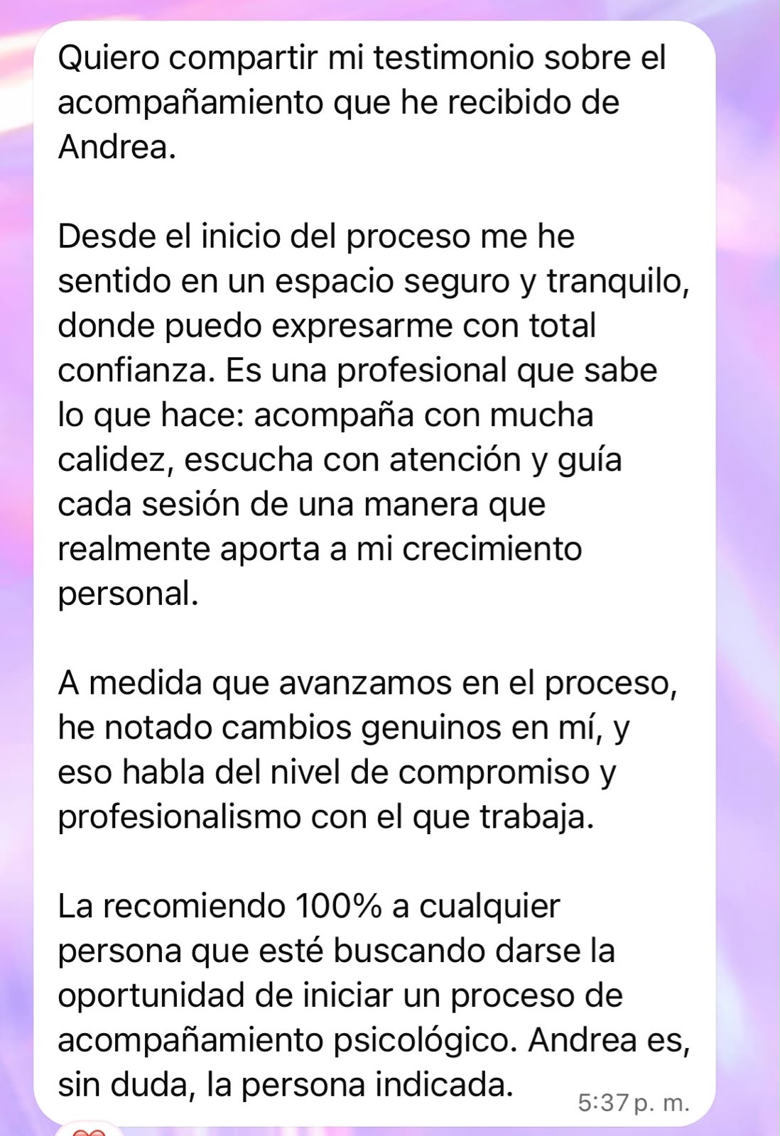 Captura original del mensaje de una consultante sobre su proceso con Andrea Murillo, 2