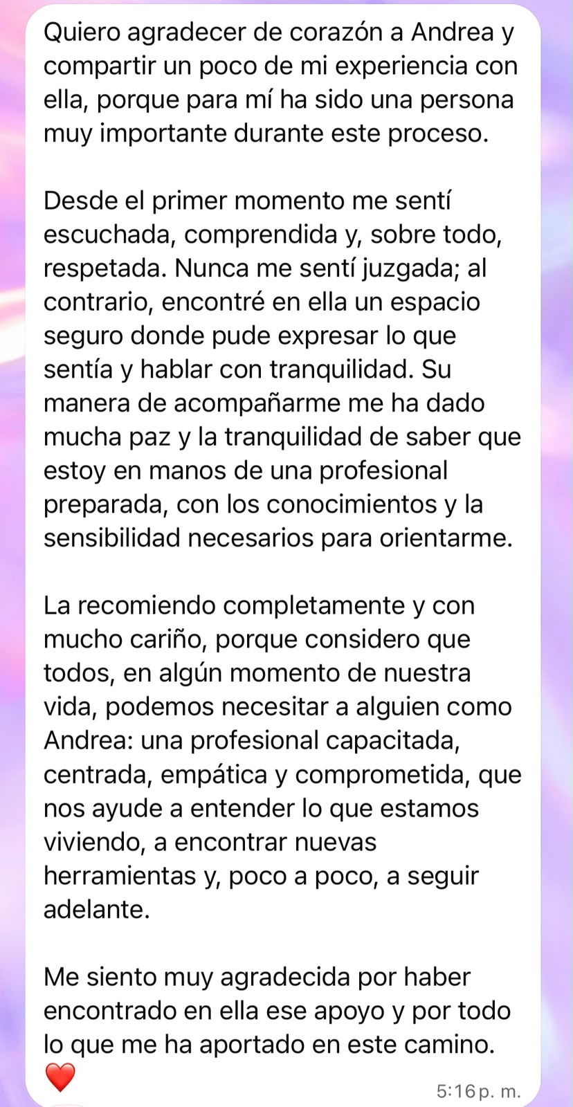 Captura original del mensaje de una consultante sobre su proceso con Andrea Murillo, 4