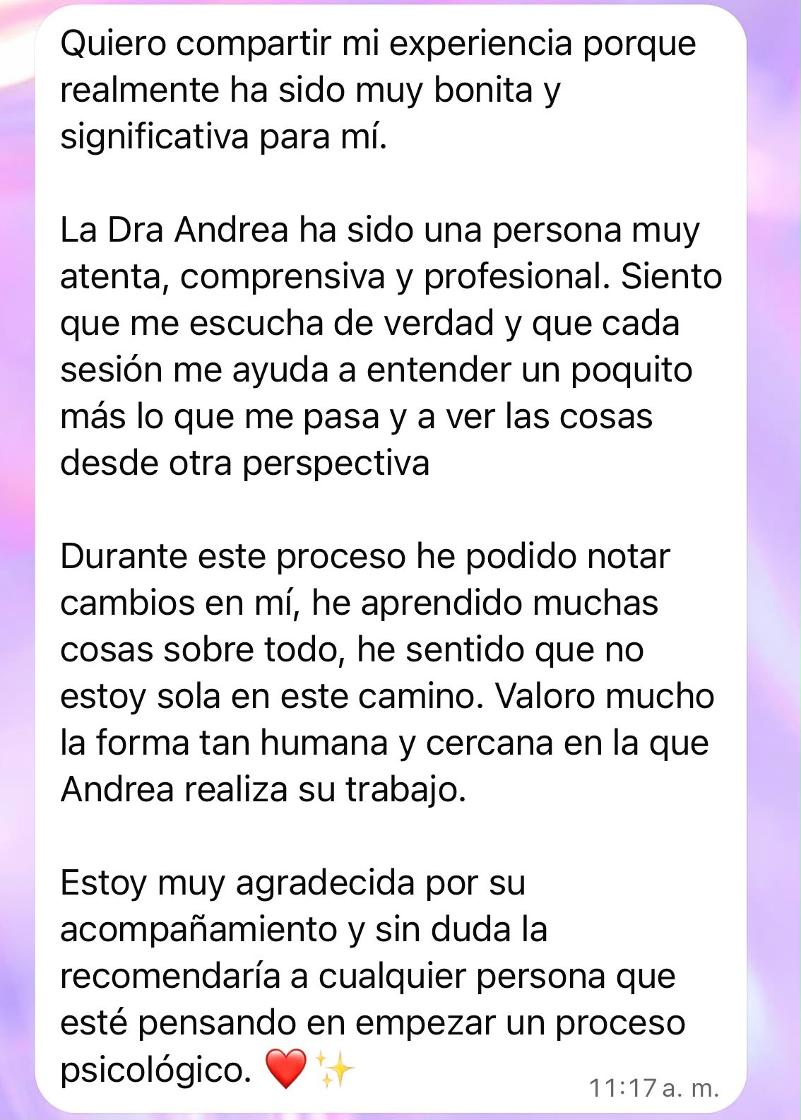 Captura original del mensaje de una consultante sobre su proceso con Andrea Murillo, 3