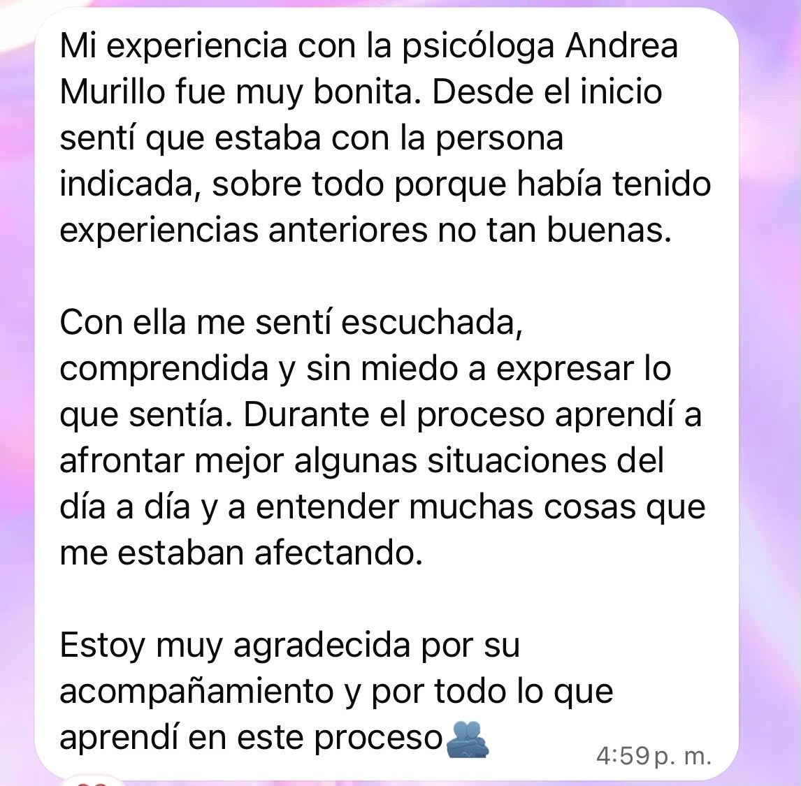 Captura original del mensaje de una consultante sobre su proceso con Andrea Murillo, 1